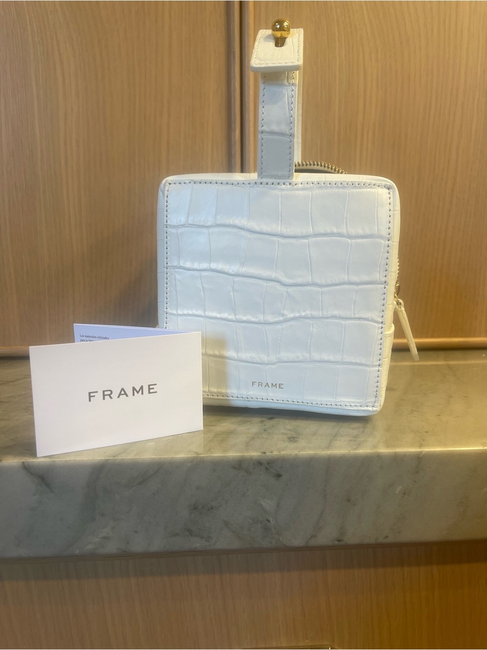 Frame Denim White Croc-Embossed Leather Cosmetic Pouch with Top Strap